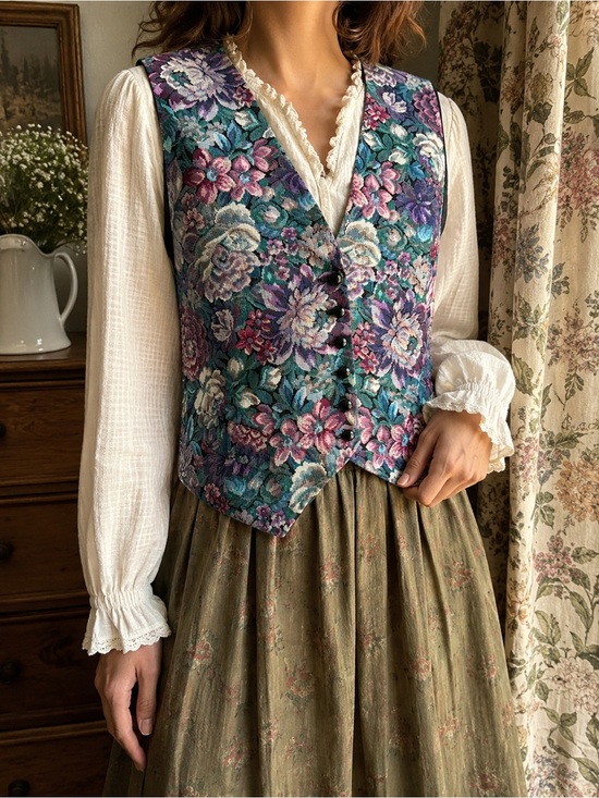 Vintage Jackets & Blazers - Vintage Floral Tapestry Vest Cottagecore Boho Button Front